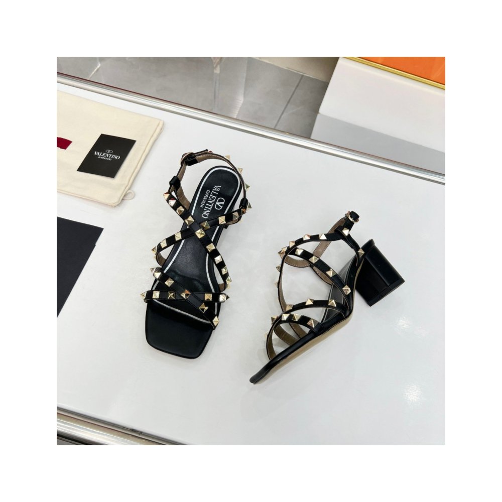 Cheap Reps Valentino Rockstud Sandals 60MM with Straps in Black Leather