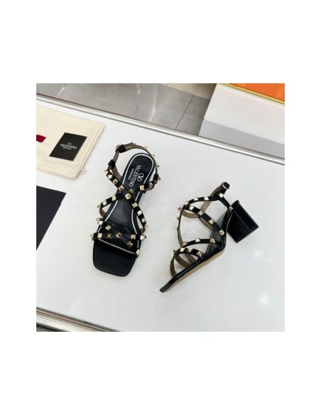 Cheap Reps Valentino Rockstud Sandals 60MM with Straps in Black Leather