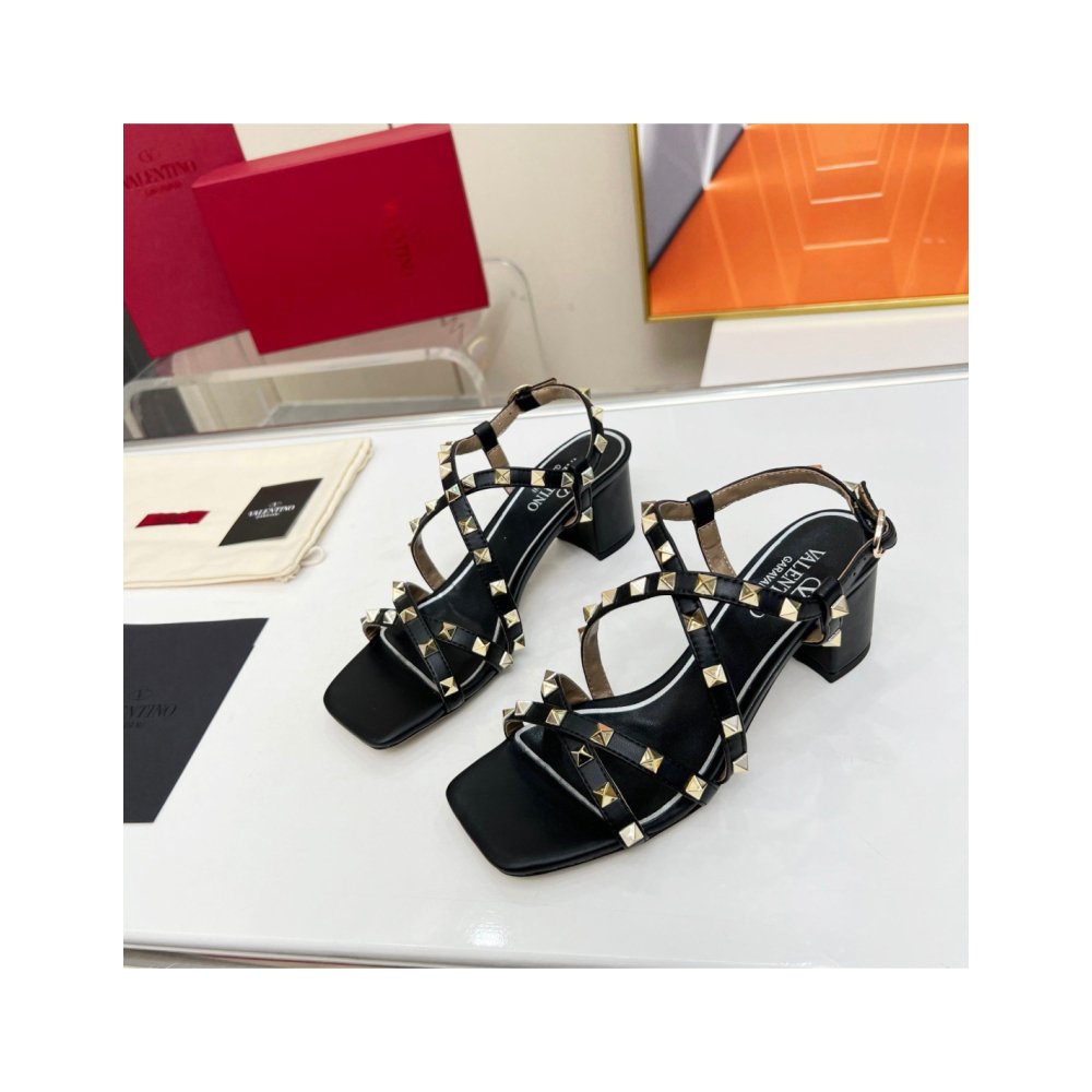 Cheap Reps Valentino Rockstud Sandals 60MM with Straps in Black Leather