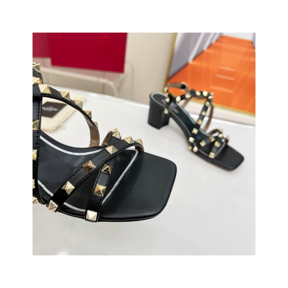 Cheap Reps Valentino Rockstud Sandals 60MM with Straps in Black Leather