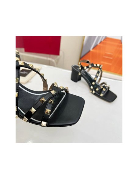 Cheap Reps Valentino Rockstud Sandals 60MM with Straps in Black Leather