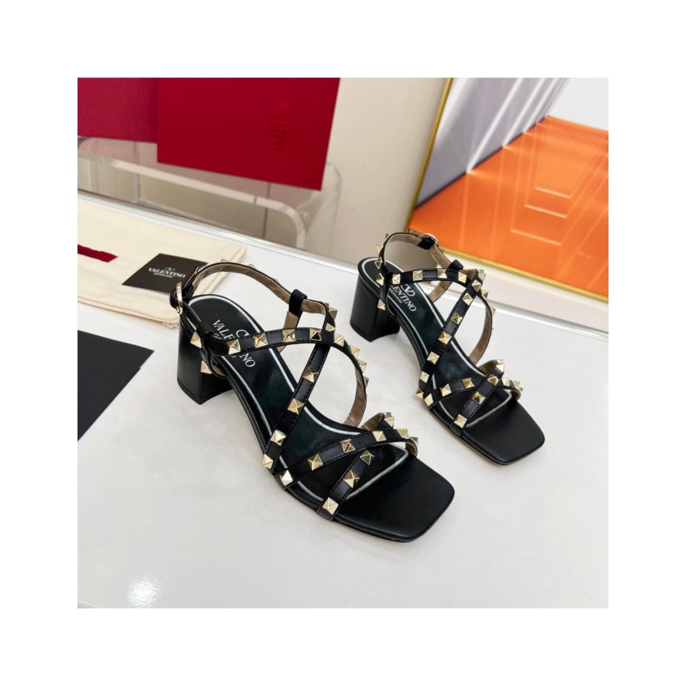 Cheap Reps Valentino Rockstud Sandals 60MM with Straps in Black Leather