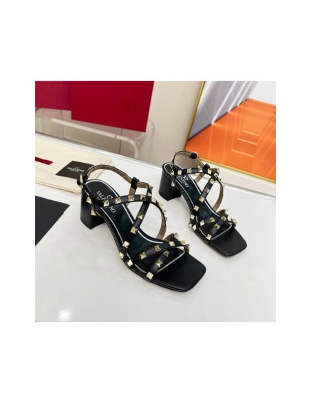 Cheap Reps Valentino Rockstud Sandals 60MM with Straps in Black Leather