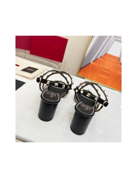 Cheap Reps Valentino Rockstud Sandals 60MM with Straps in Black Leather