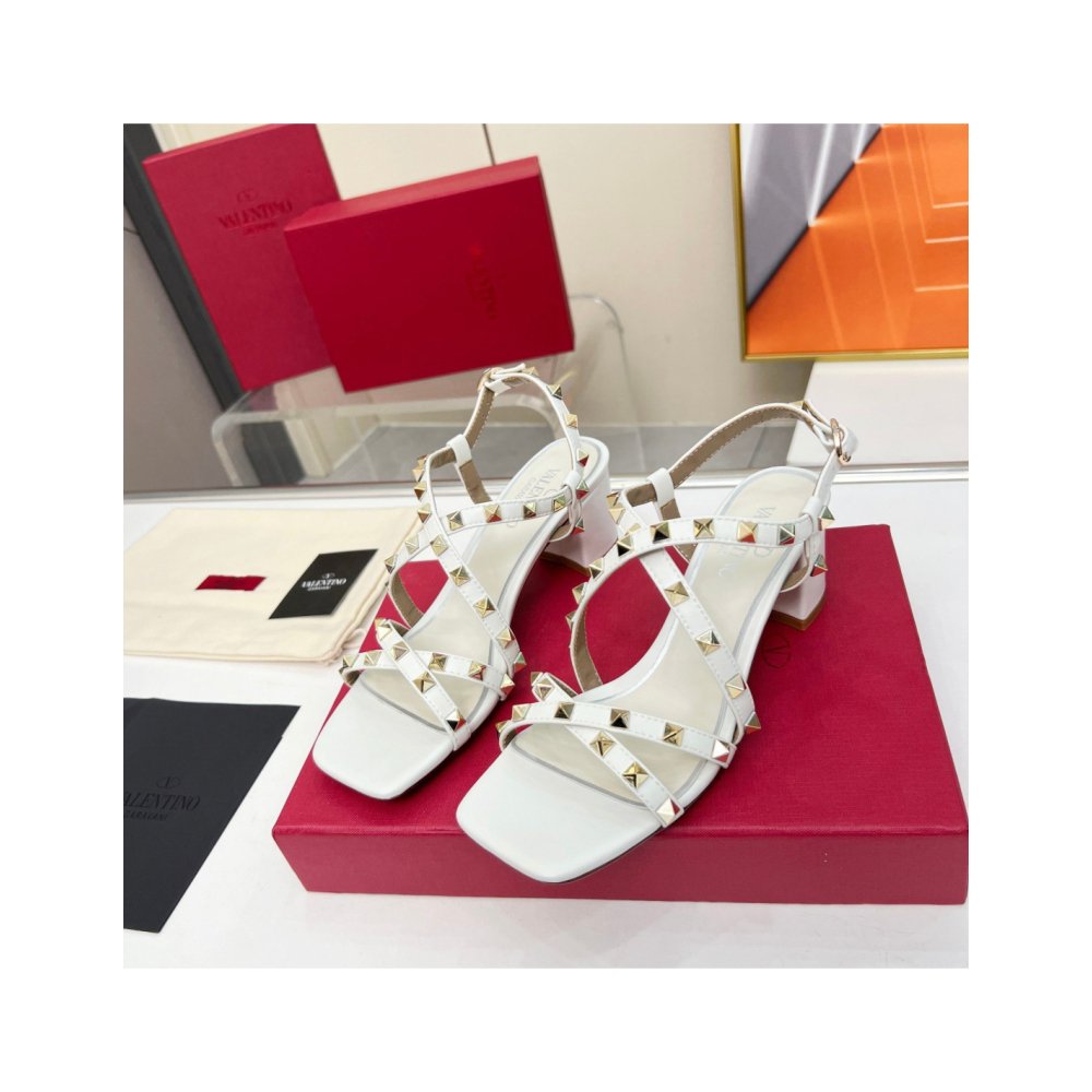 Cheap Reps Valentino Rockstud Sandals 60MM with Straps in White Leather