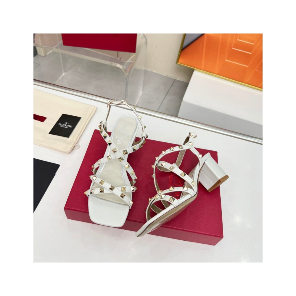 Cheap Reps Valentino Rockstud Sandals 60MM with Straps in White Leather