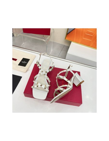 Cheap Reps Valentino Rockstud Sandals 60MM with Straps in White Leather