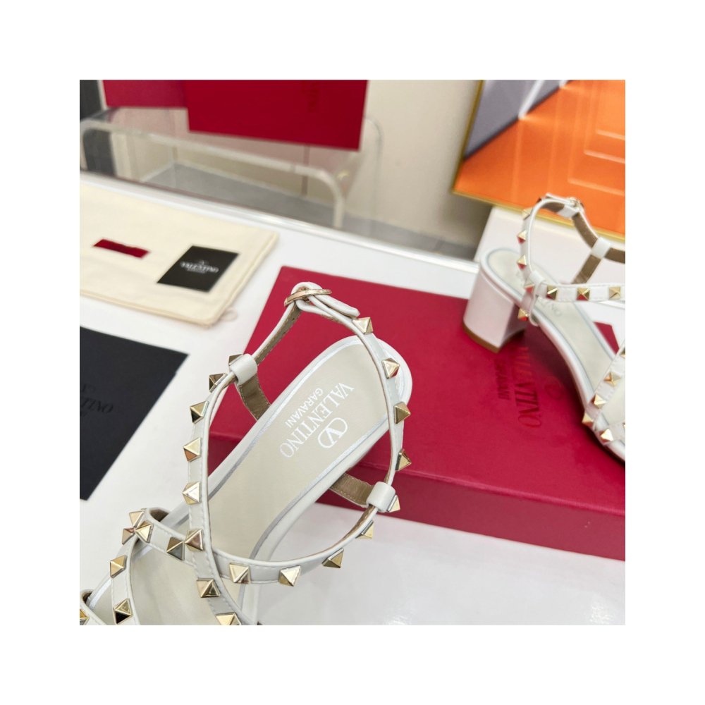 Cheap Reps Valentino Rockstud Sandals 60MM with Straps in White Leather