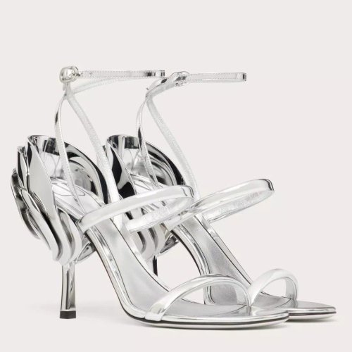 Cheap Reps Valentino Roserouche Sandals 1990 100mm in Silver Calfskin