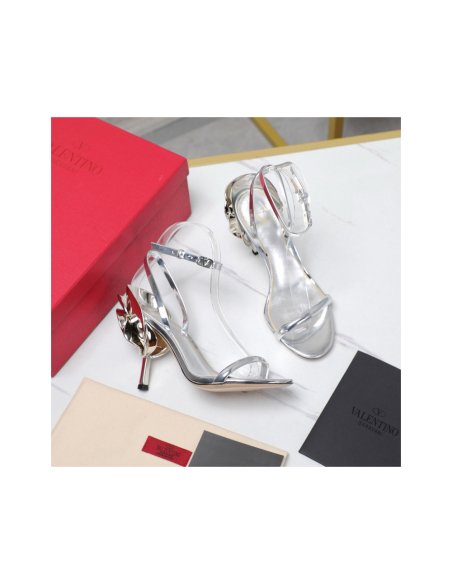 Cheap Reps Valentino Roserouche Sandals 1990 100mm in Silver Calfskin