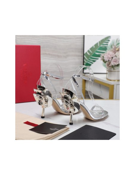 Cheap Reps Valentino Roserouche Sandals 1990 100mm in Silver Calfskin