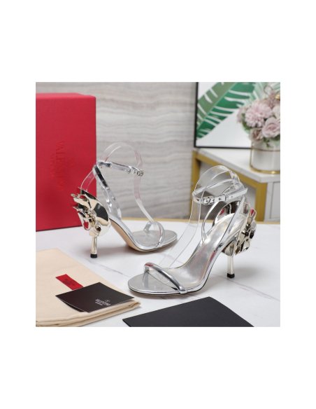 Cheap Reps Valentino Roserouche Sandals 1990 100mm in Silver Calfskin