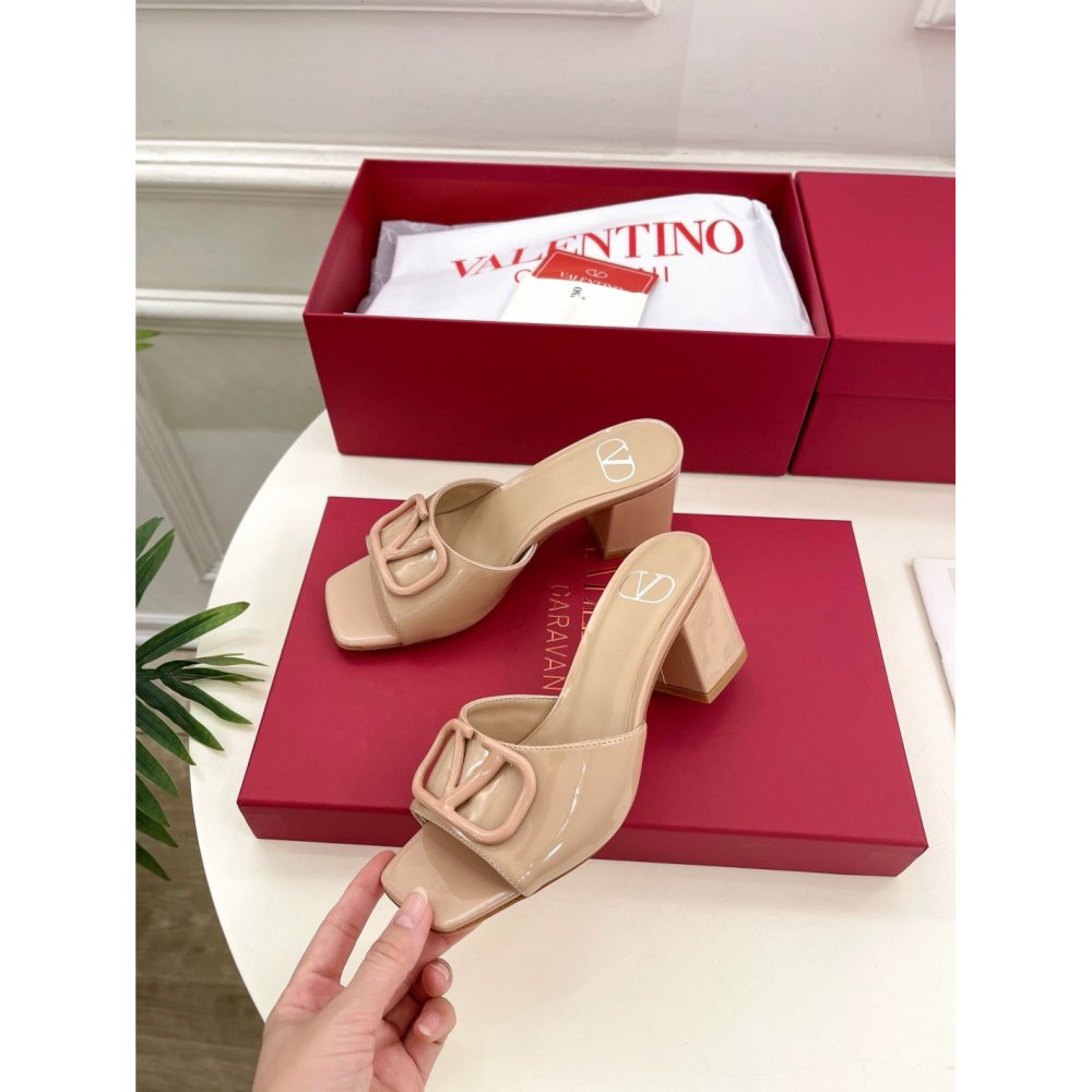 Cheap Reps Valentino VLogo Slide Sandals 60mm in Rose Cannelle Patent Leather