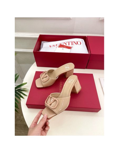 Cheap Reps Valentino VLogo Slide Sandals 60mm in Rose Cannelle Patent Leather