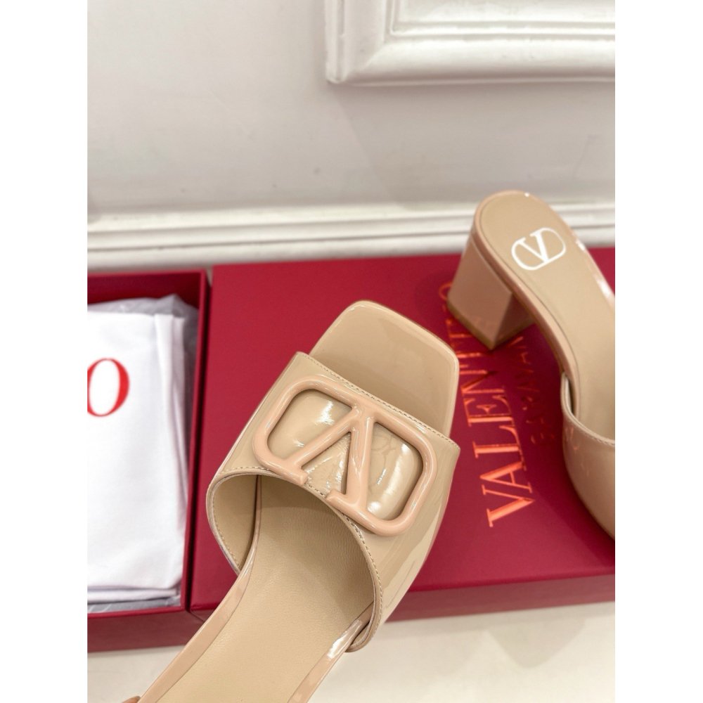 Cheap Reps Valentino VLogo Slide Sandals 60mm in Rose Cannelle Patent Leather