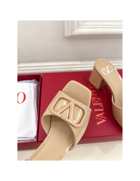 Cheap Reps Valentino VLogo Slide Sandals 60mm in Rose Cannelle Patent Leather