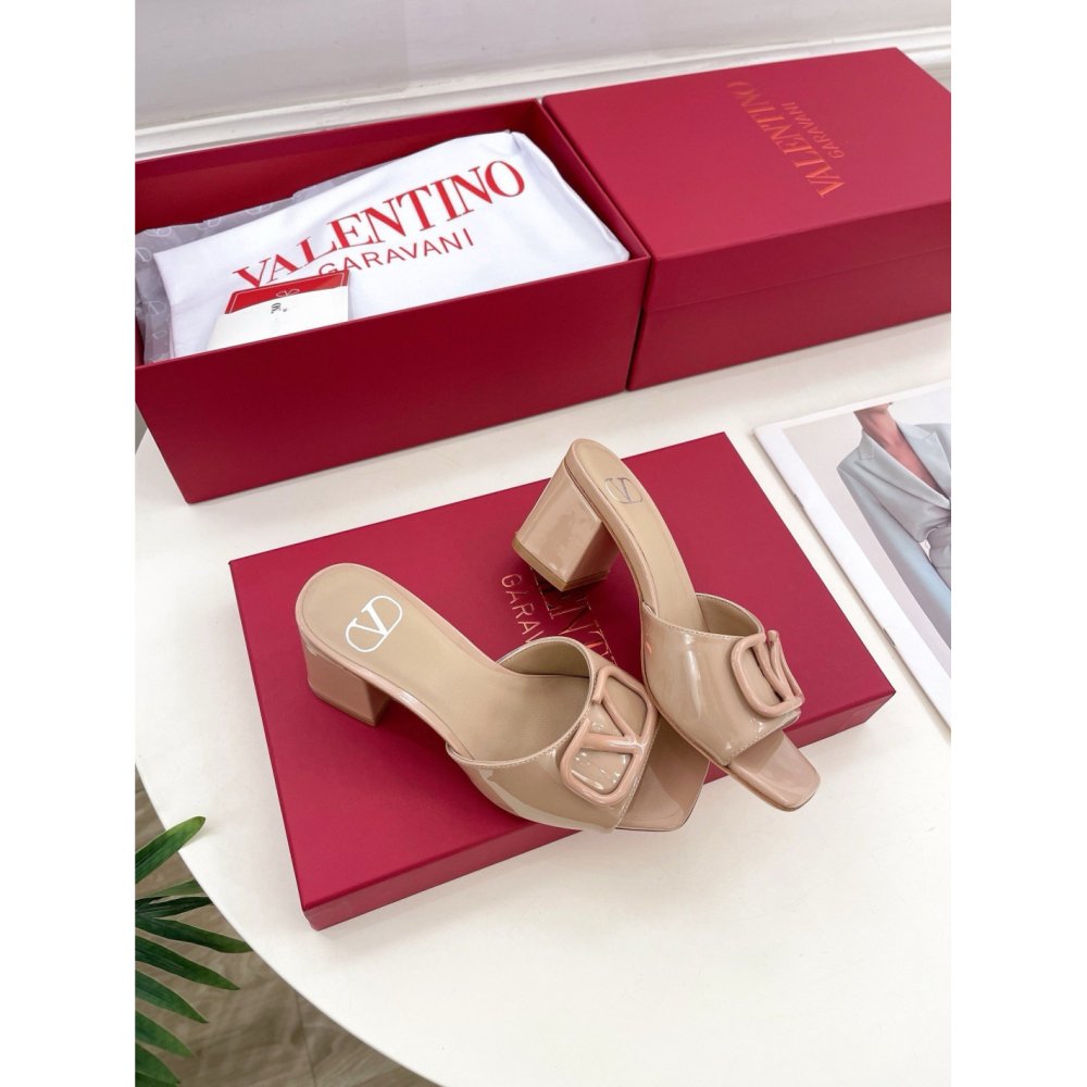 Cheap Reps Valentino VLogo Slide Sandals 60mm in Rose Cannelle Patent Leather