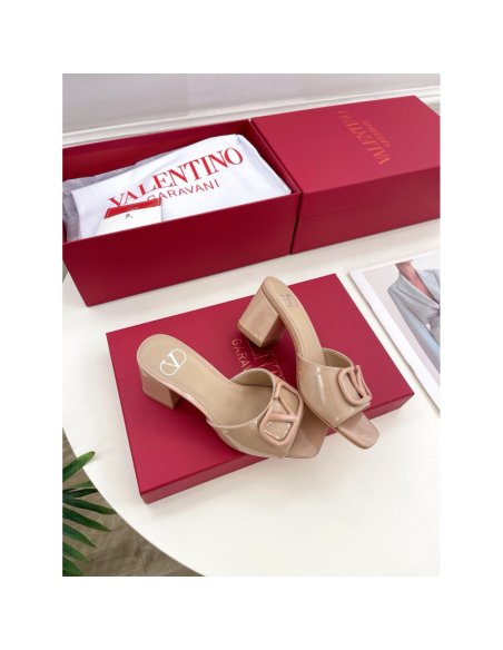 Cheap Reps Valentino VLogo Slide Sandals 60mm in Rose Cannelle Patent Leather