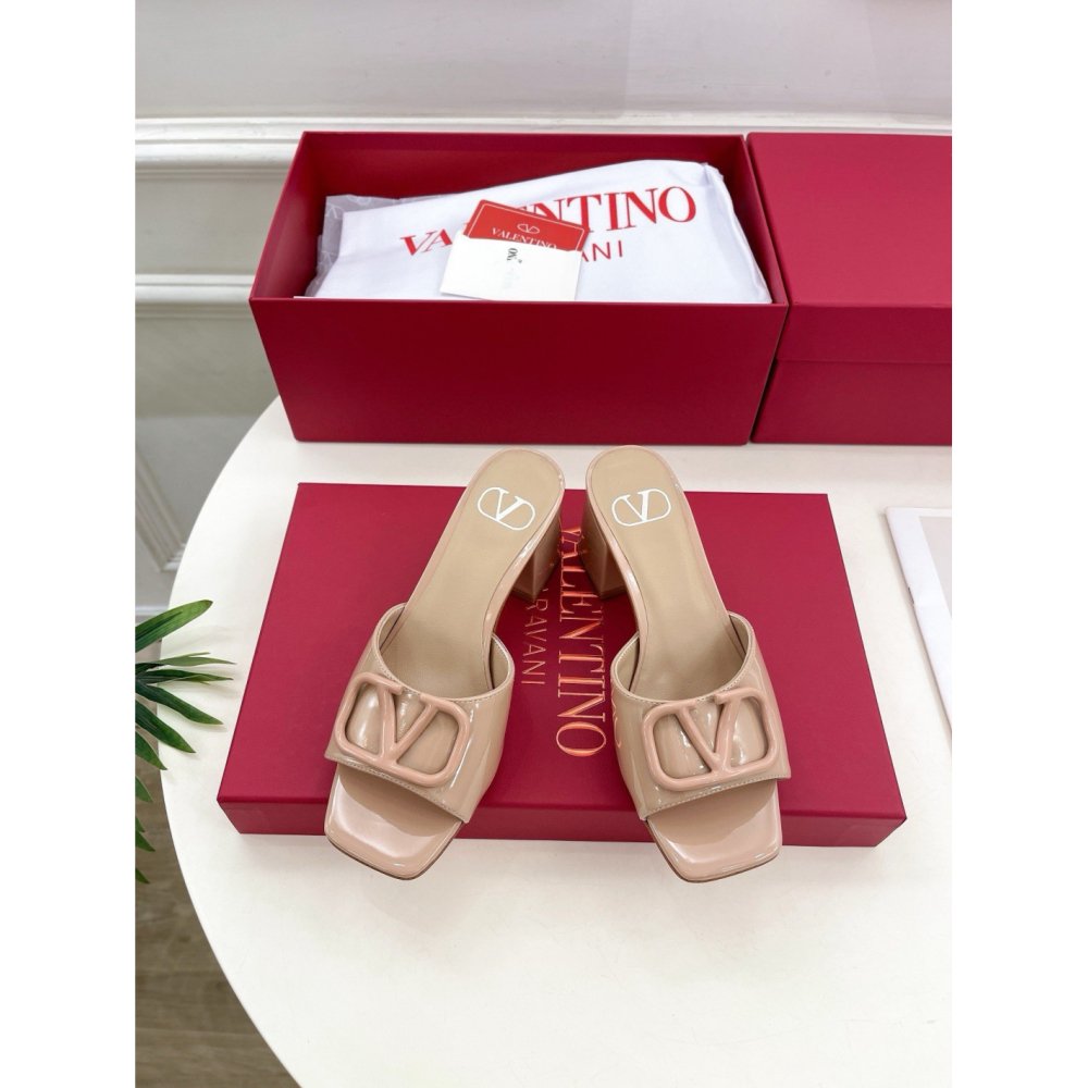 Cheap Reps Valentino VLogo Slide Sandals 60mm in Rose Cannelle Patent Leather