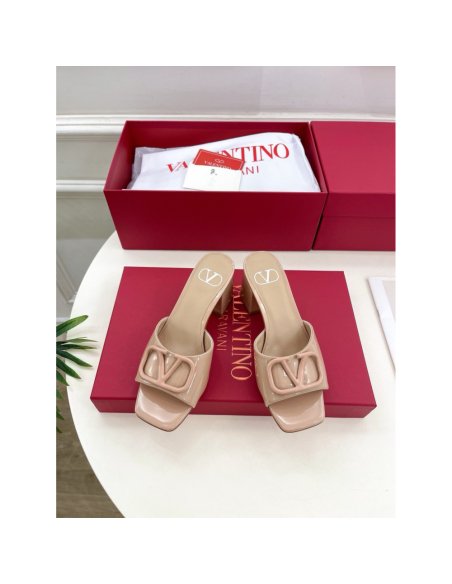 Cheap Reps Valentino VLogo Slide Sandals 60mm in Rose Cannelle Patent Leather