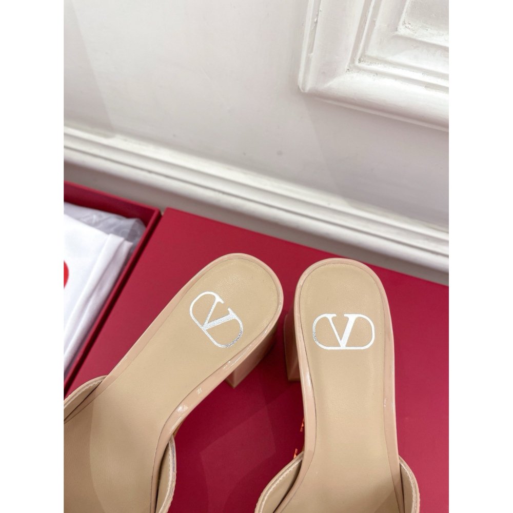 Cheap Reps Valentino VLogo Slide Sandals 60mm in Rose Cannelle Patent Leather