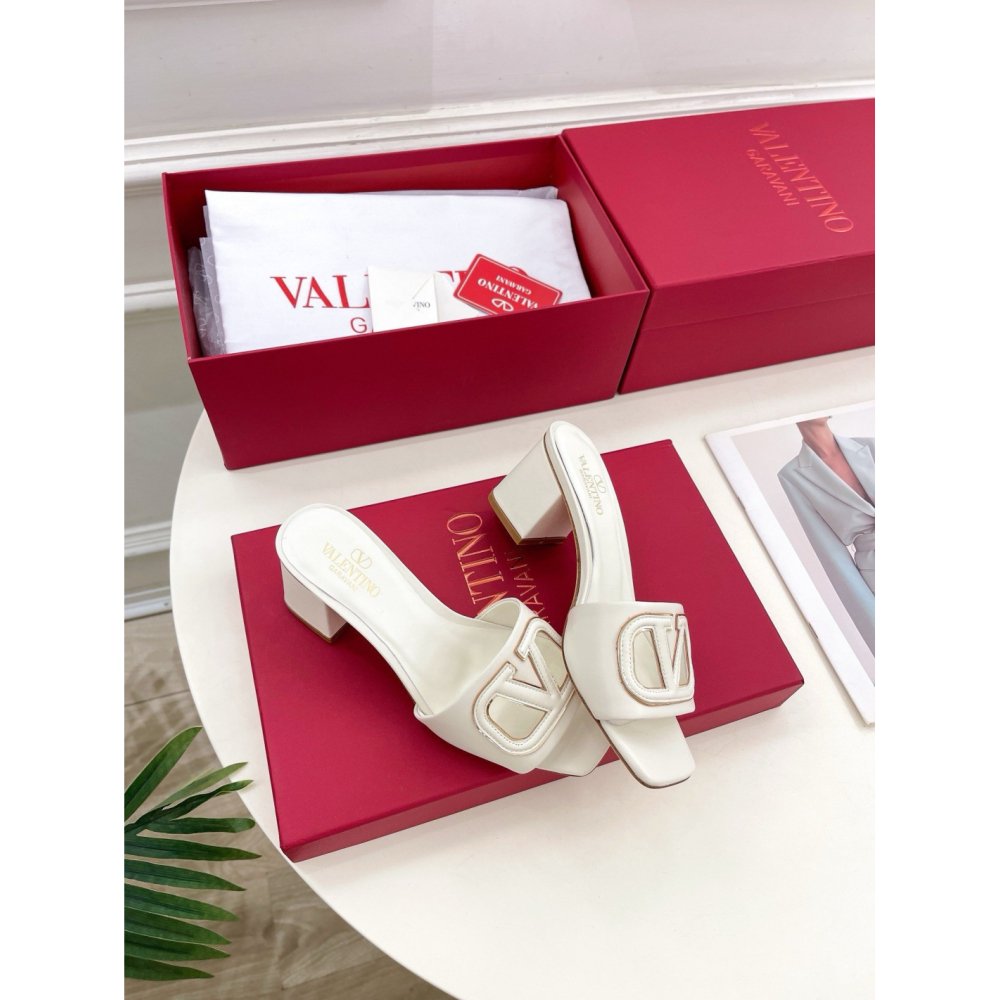 Cheap Reps Valentino VLogo Cut-out Slide Sandals 60mm in White Leather