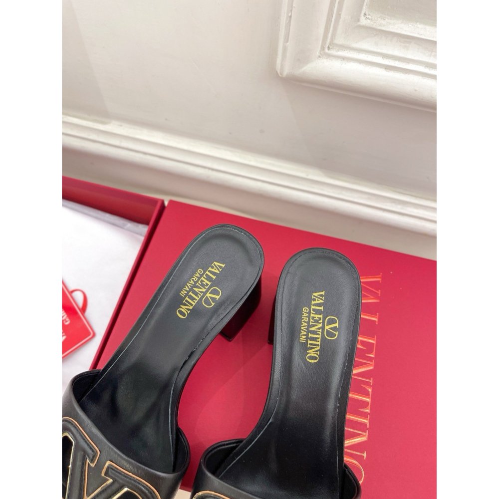 Cheap Reps Valentino VLogo Cut-out Slide Sandals 60mm in Black Leather