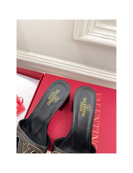 Cheap Reps Valentino VLogo Cut-out Slide Sandals 60mm in Black Leather