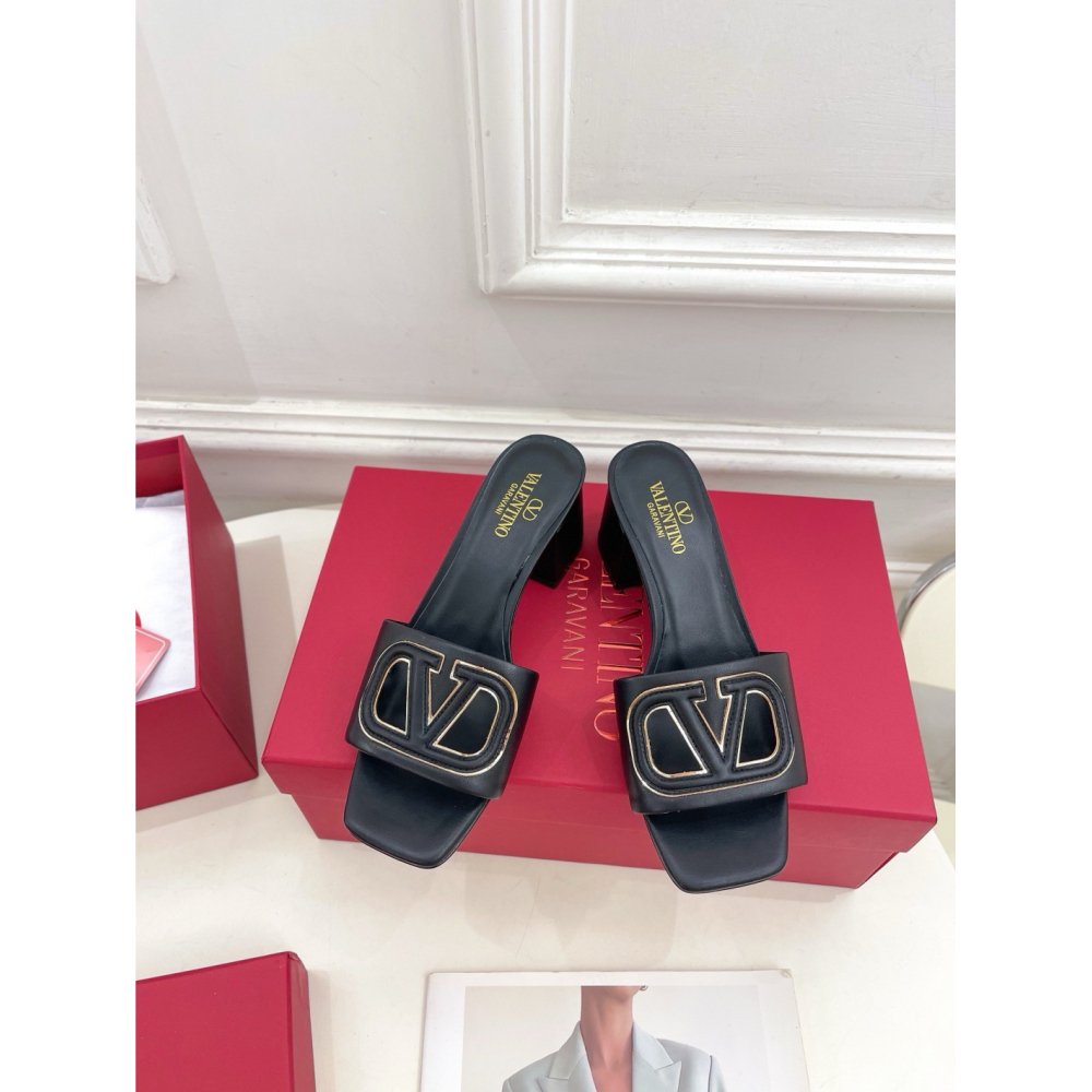 Cheap Reps Valentino VLogo Cut-out Slide Sandals 60mm in Black Leather