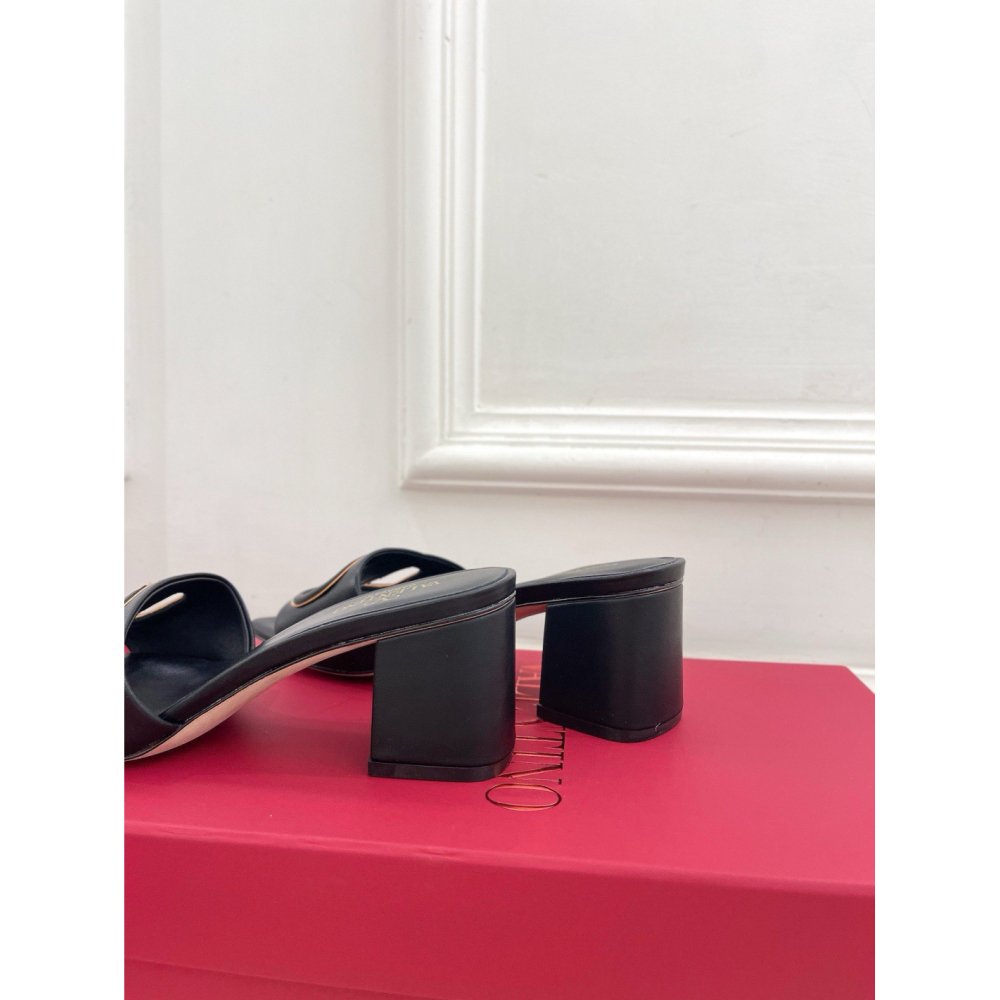 Cheap Reps Valentino VLogo Cut-out Slide Sandals 60mm in Black Leather