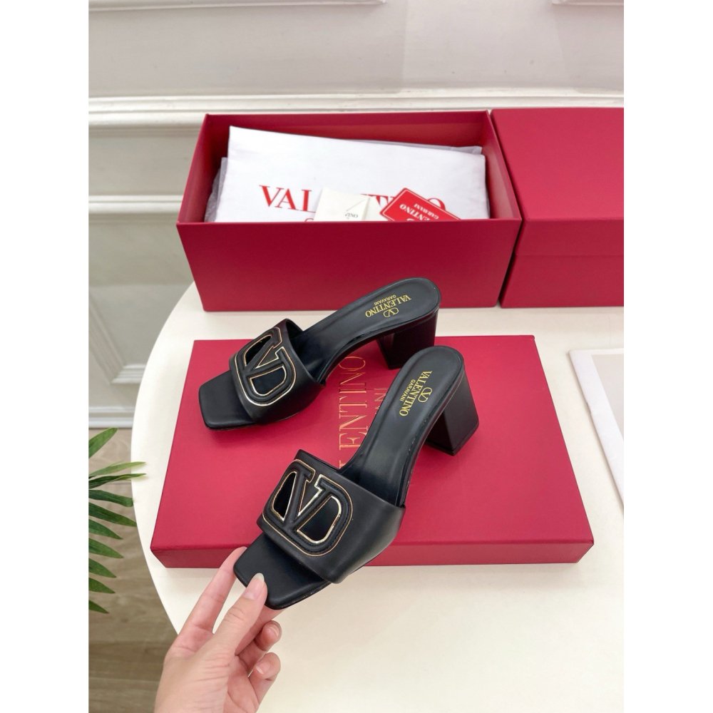 Cheap Reps Valentino VLogo Cut-out Slide Sandals 60mm in Black Leather