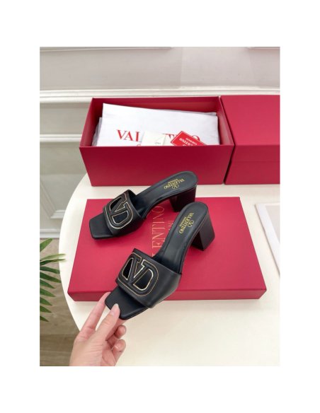 Cheap Reps Valentino VLogo Cut-out Slide Sandals 60mm in Black Leather