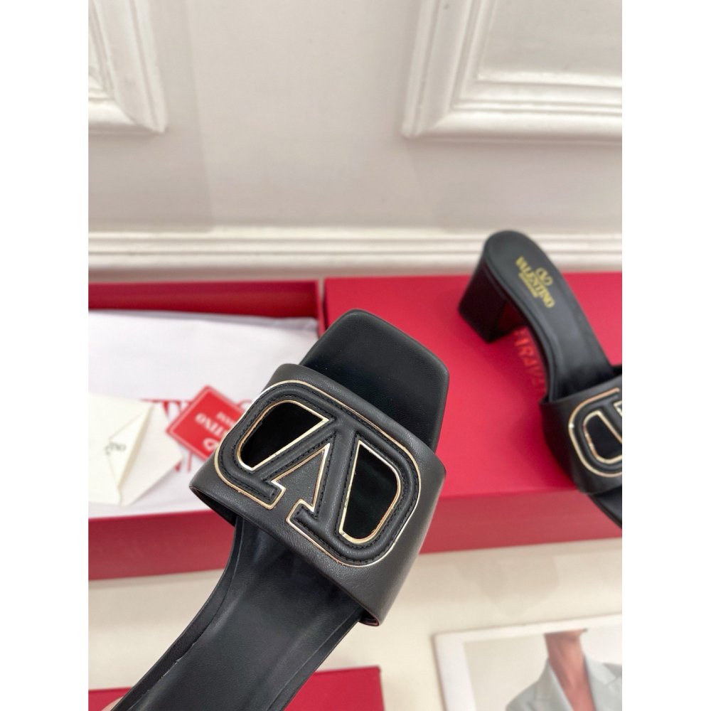 Cheap Reps Valentino VLogo Cut-out Slide Sandals 60mm in Black Leather