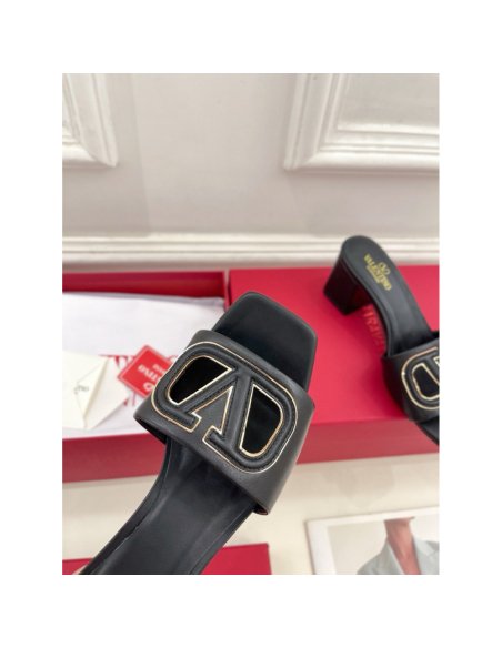 Cheap Reps Valentino VLogo Cut-out Slide Sandals 60mm in Black Leather