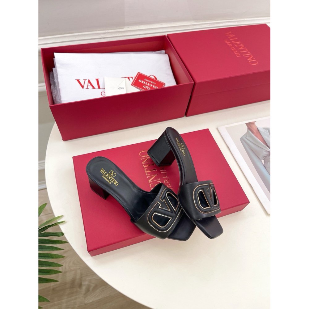 Cheap Reps Valentino VLogo Cut-out Slide Sandals 60mm in Black Leather