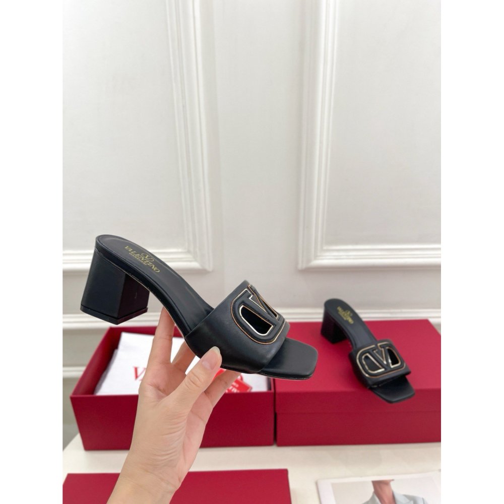 Cheap Reps Valentino VLogo Cut-out Slide Sandals 60mm in Black Leather