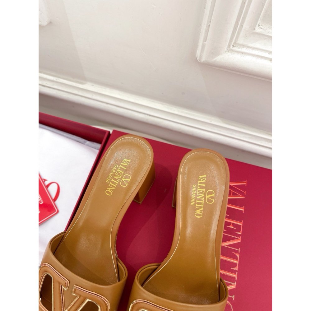 Cheap Reps Valentino VLogo Cut-out Slide Sandals 60mm in Brown Leather