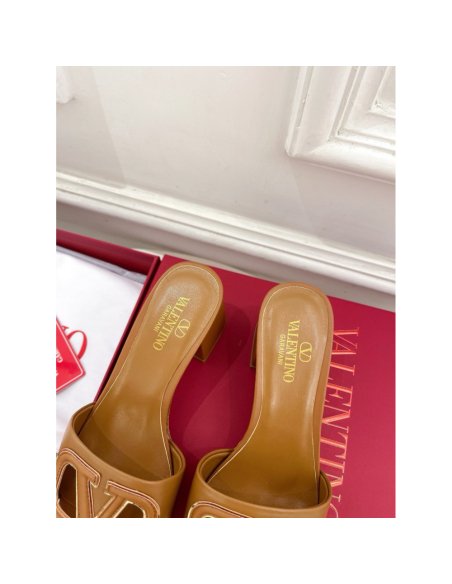 Cheap Reps Valentino VLogo Cut-out Slide Sandals 60mm in Brown Leather