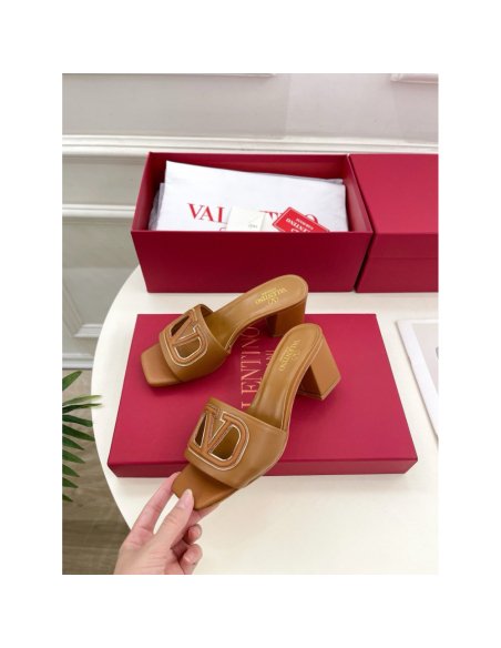 Cheap Reps Valentino VLogo Cut-out Slide Sandals 60mm in Brown Leather