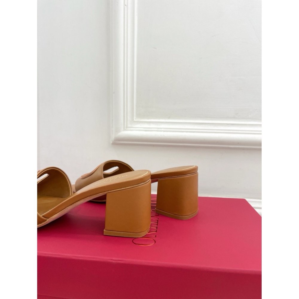 Cheap Reps Valentino VLogo Cut-out Slide Sandals 60mm in Brown Leather