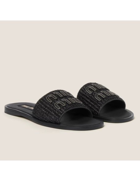 Cheap Reps Miu Miu Womens Slides in Black Raffia-effect Woven Fabric