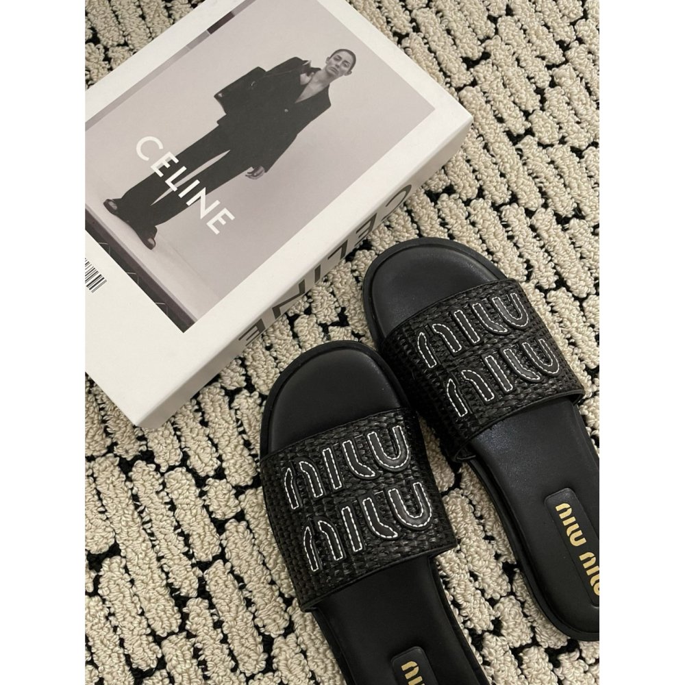 Cheap Reps Miu Miu Womens Slides in Black Raffia-effect Woven Fabric