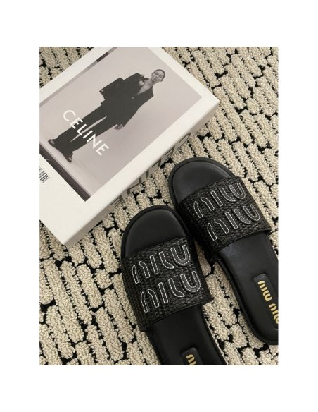 Cheap Reps Miu Miu Womens Slides in Black Raffia-effect Woven Fabric