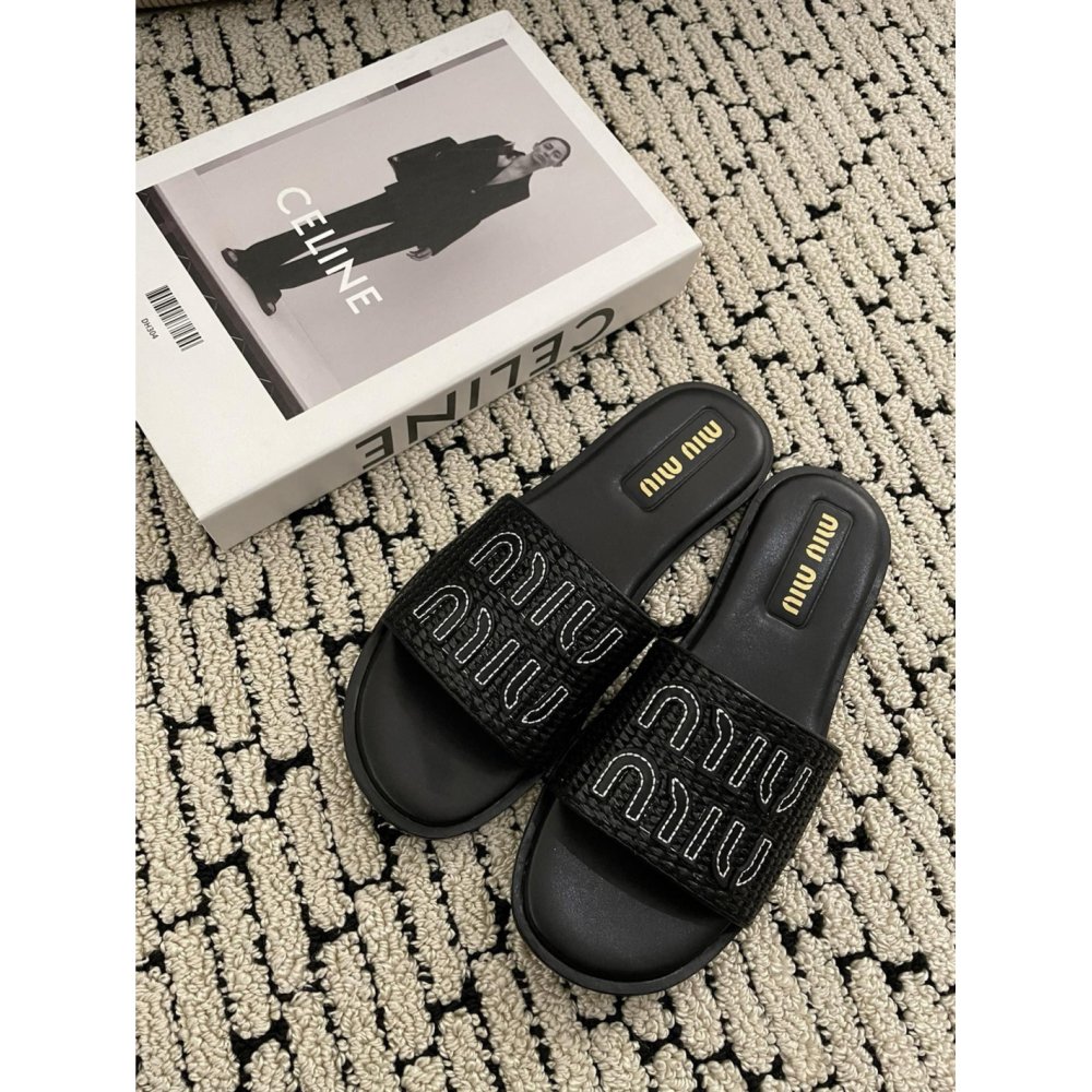 Cheap Reps Miu Miu Womens Slides in Black Raffia-effect Woven Fabric