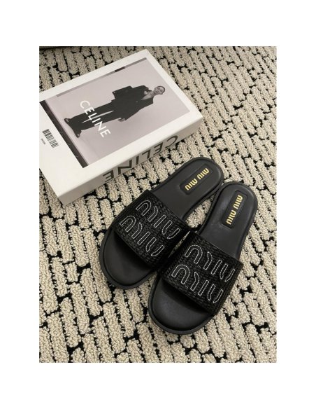 Cheap Reps Miu Miu Womens Slides in Black Raffia-effect Woven Fabric