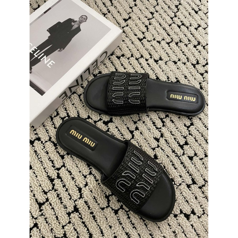 Cheap Reps Miu Miu Womens Slides in Black Raffia-effect Woven Fabric
