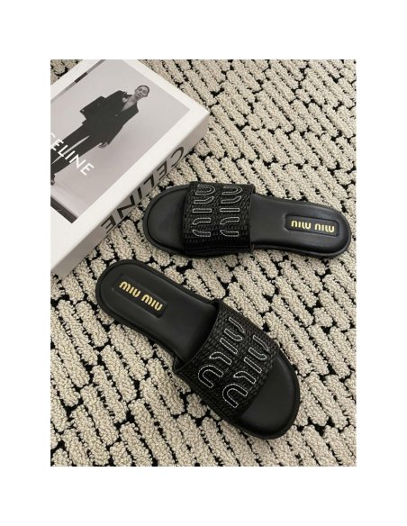 Cheap Reps Miu Miu Womens Slides in Black Raffia-effect Woven Fabric