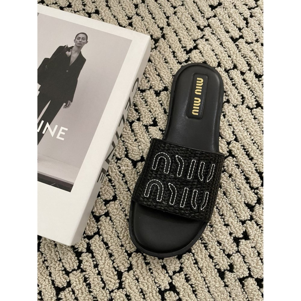 Cheap Reps Miu Miu Womens Slides in Black Raffia-effect Woven Fabric