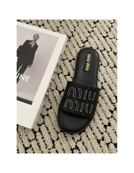 Cheap Reps Miu Miu Womens Slides in Black Raffia-effect Woven Fabric