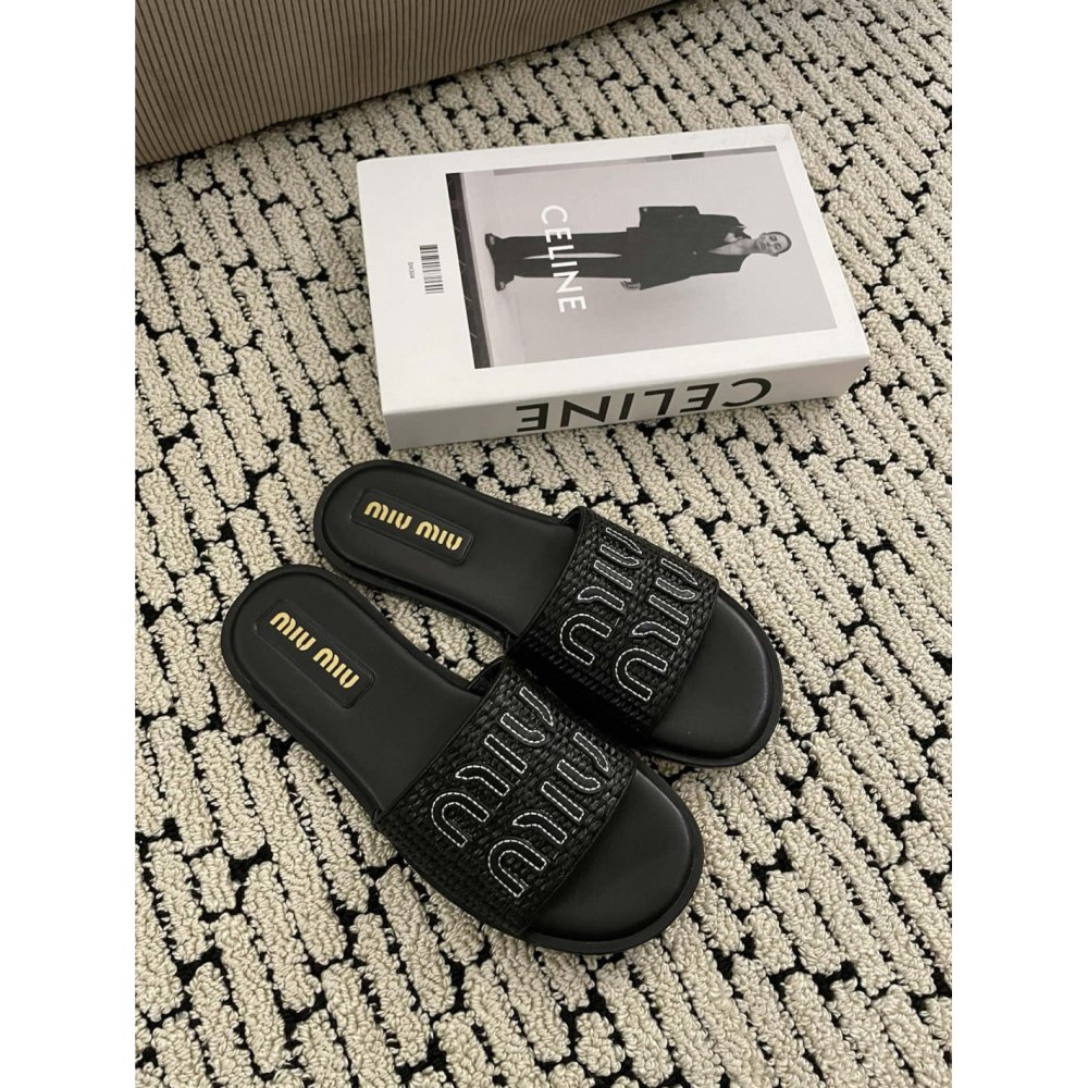 Cheap Reps Miu Miu Womens Slides in Black Raffia-effect Woven Fabric